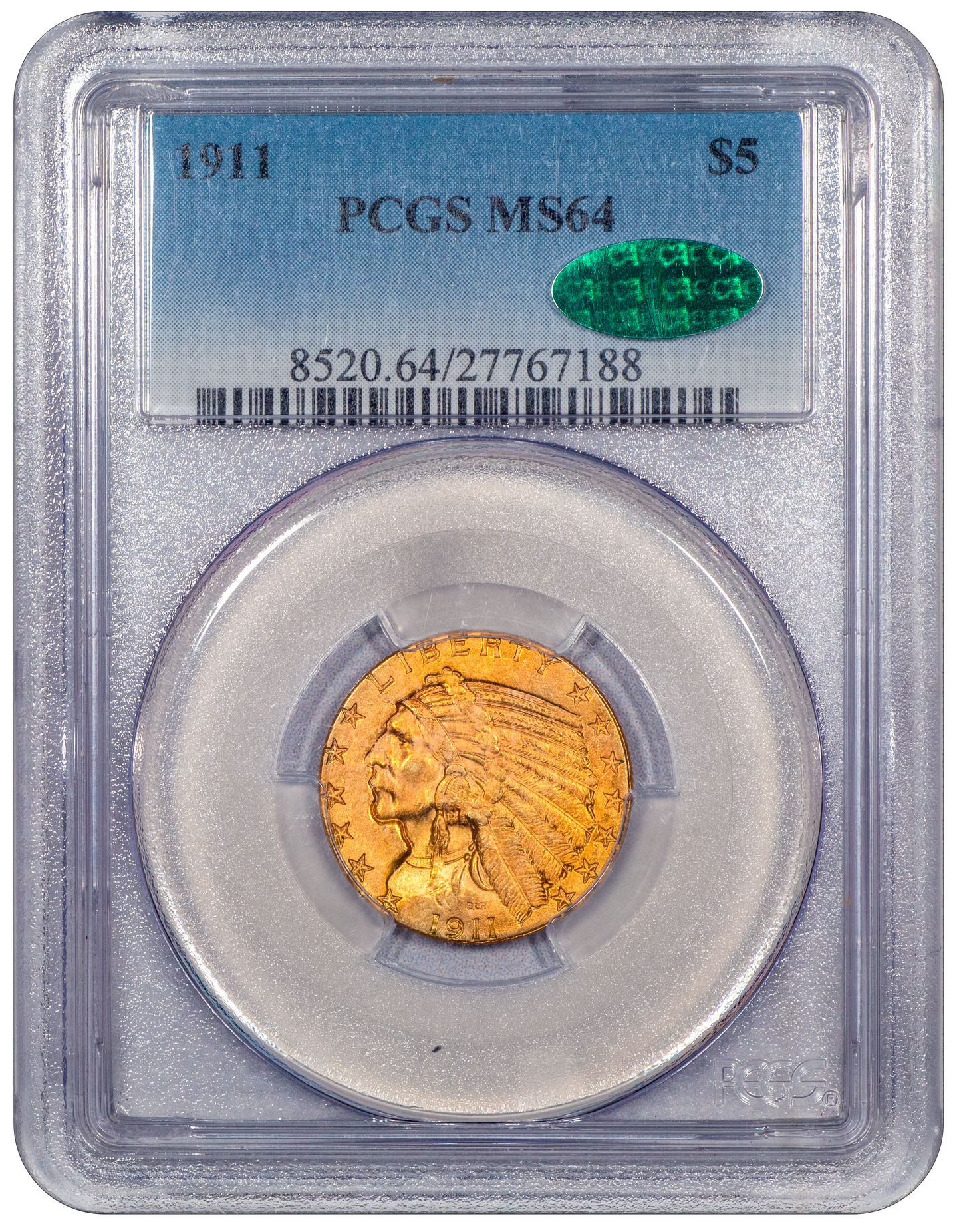 1911 Liberty Head Half Eagle $5 MS64 PCGS CAC Holder With Green CAC Sticker
