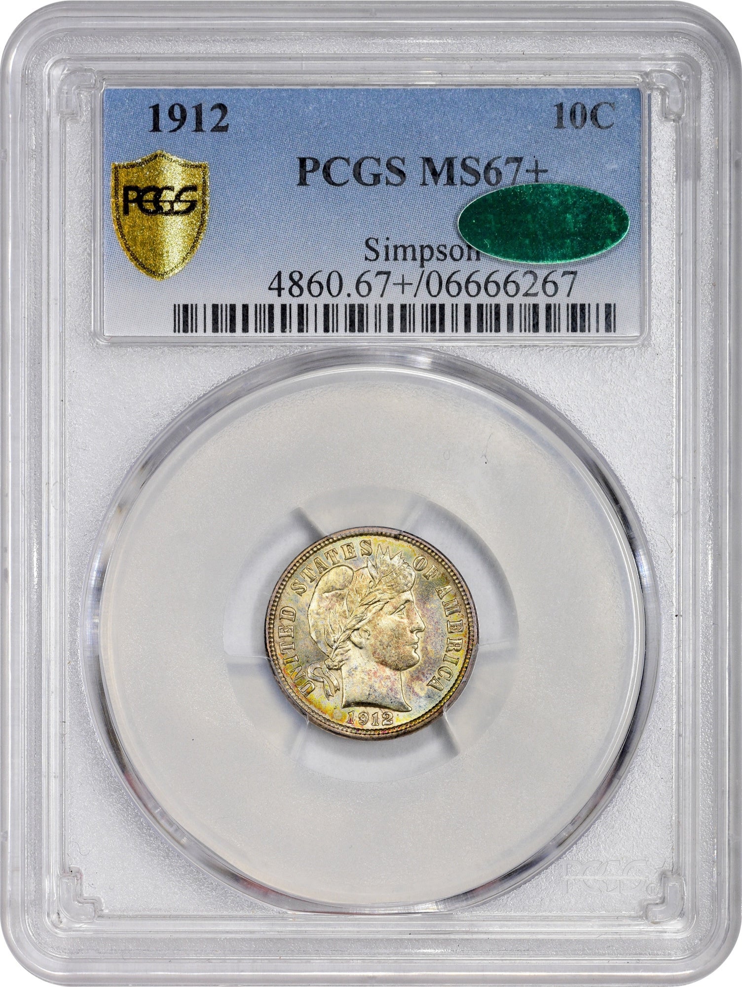 1912 10C MS67+ PCGS CAC EX SIMPSON