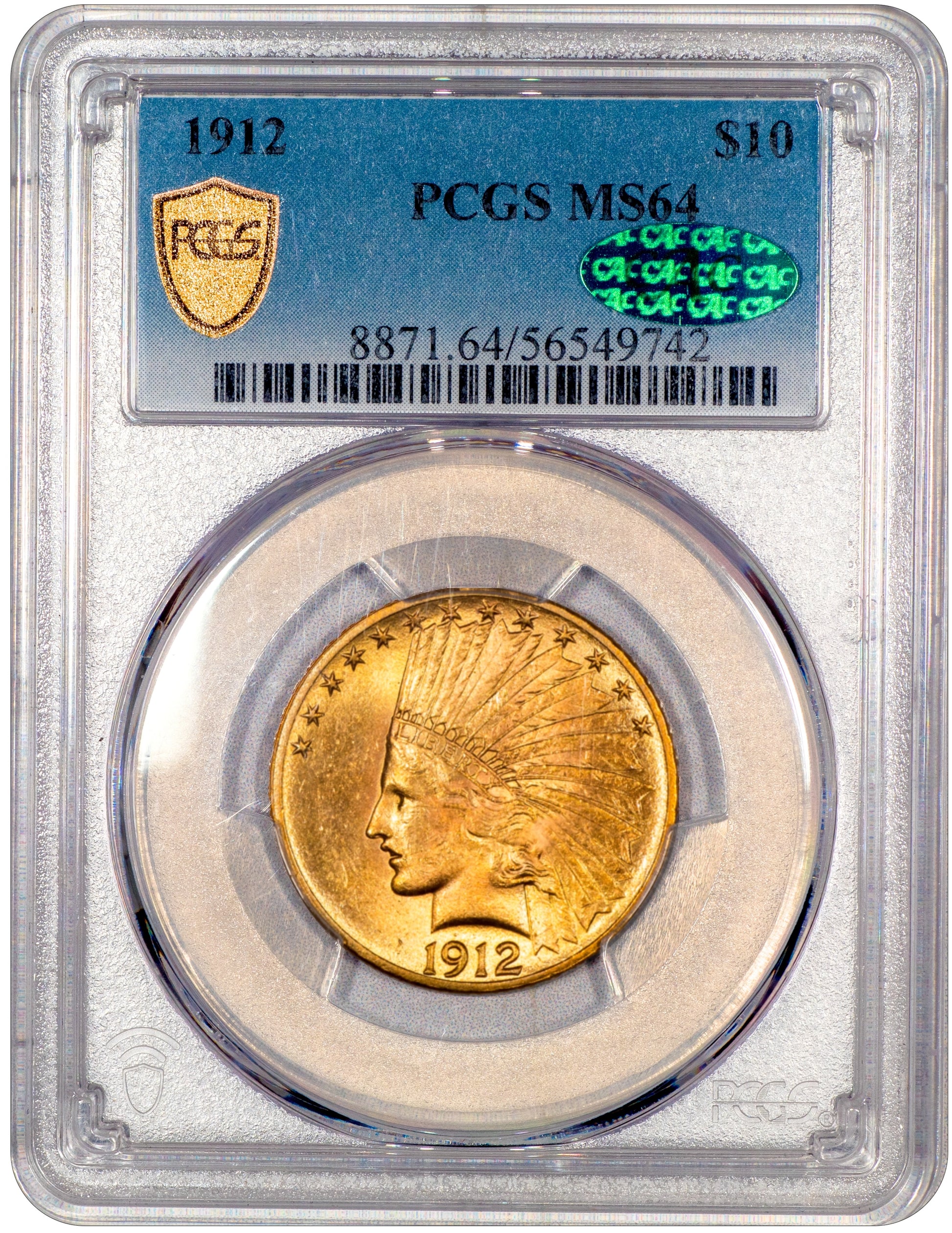1912 $10 INDIAN HEAD EAGLE MS64 PCGS CAC HOLDER WITH GREEN CAC STICKER