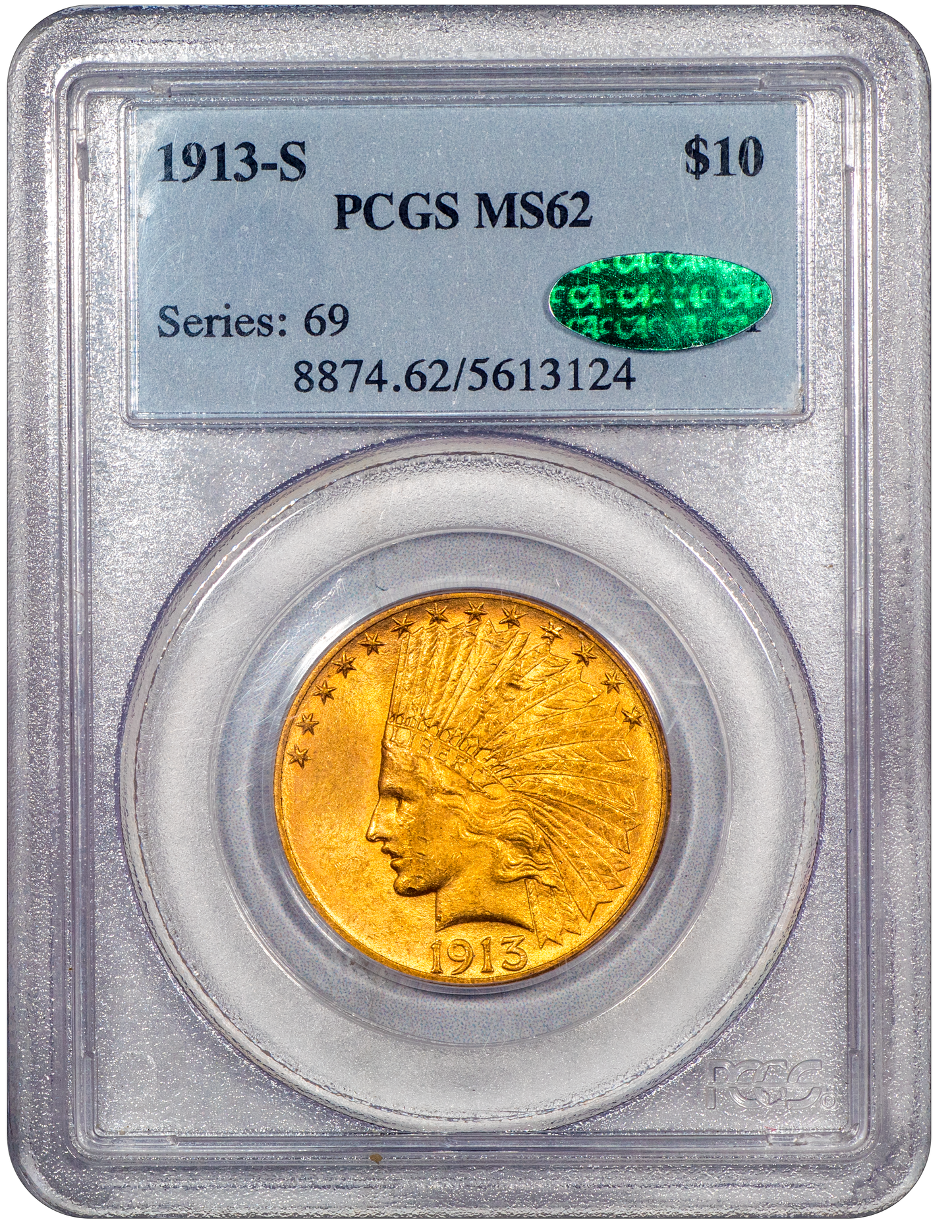 1913-S Indian Eagle $10 MS62 PCGS CAC Holder With Green CAC Sticker