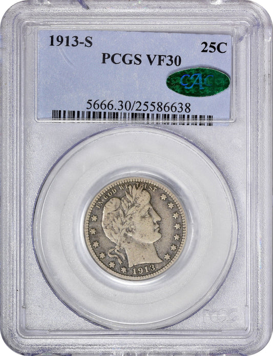 1913-S 25C Vf30 Pcgs Cac