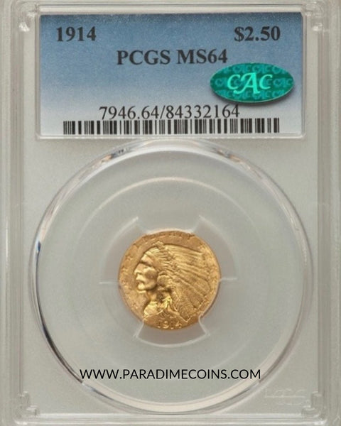 1914 $2.5 MS64 PCGS CAC - Paradime Coins | PCGS NGC CACG CAC Rare US Numismatic Coins For Sale