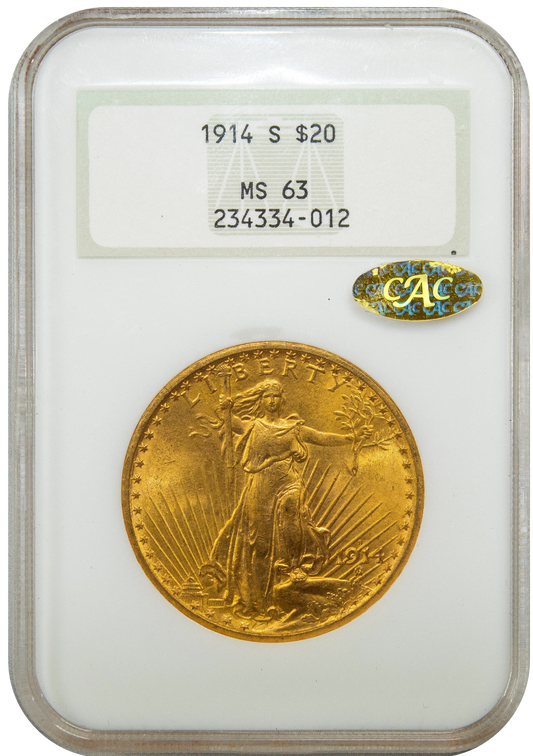 1914-S $20 MS63 OH NGC GOLD CAC HOLDER WITH GOLD CAC STICKER