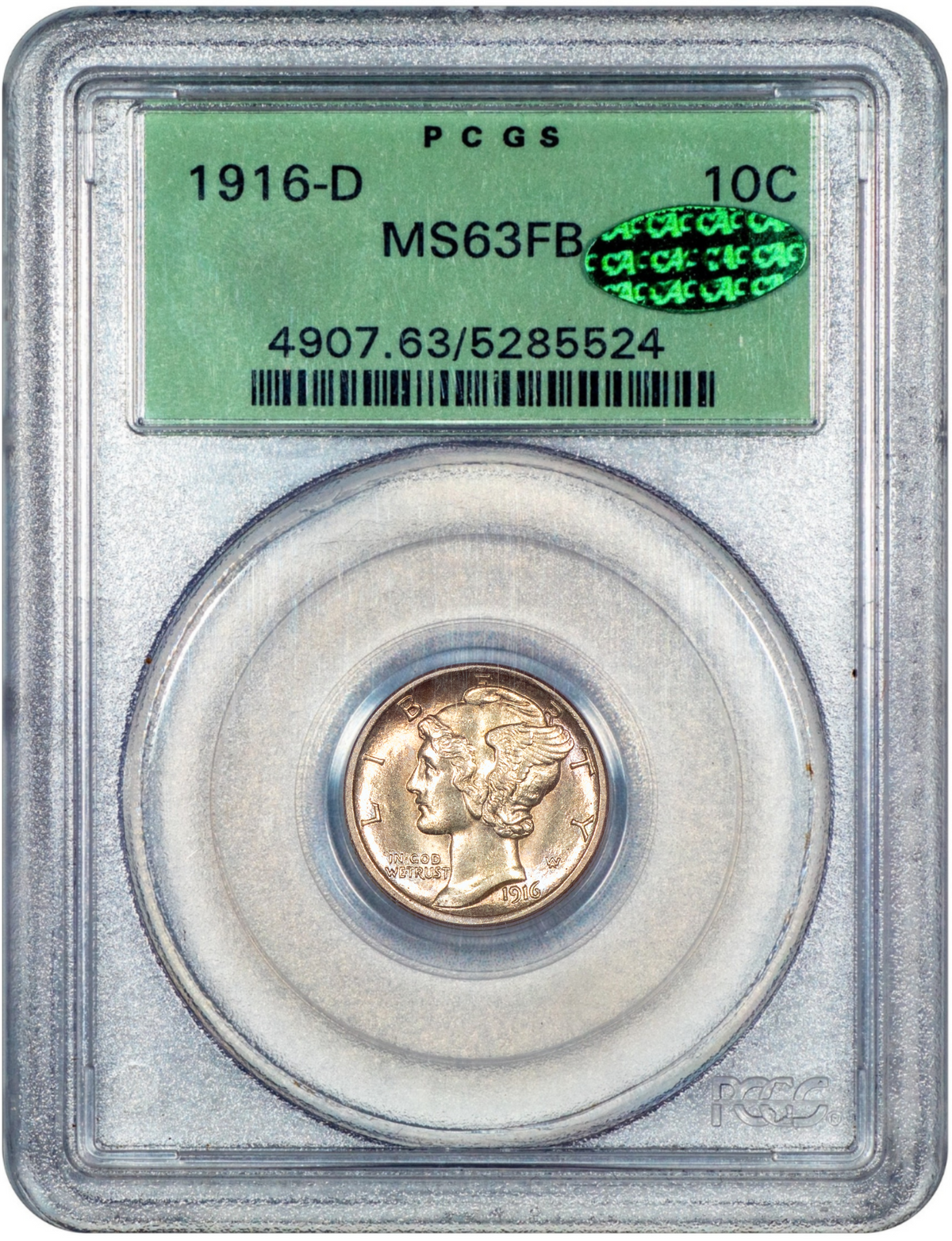 1916-D Mercury Dime 10C MS63 FB OGH PCGS CAC HOLDER WITH GREEN CAC STICKER