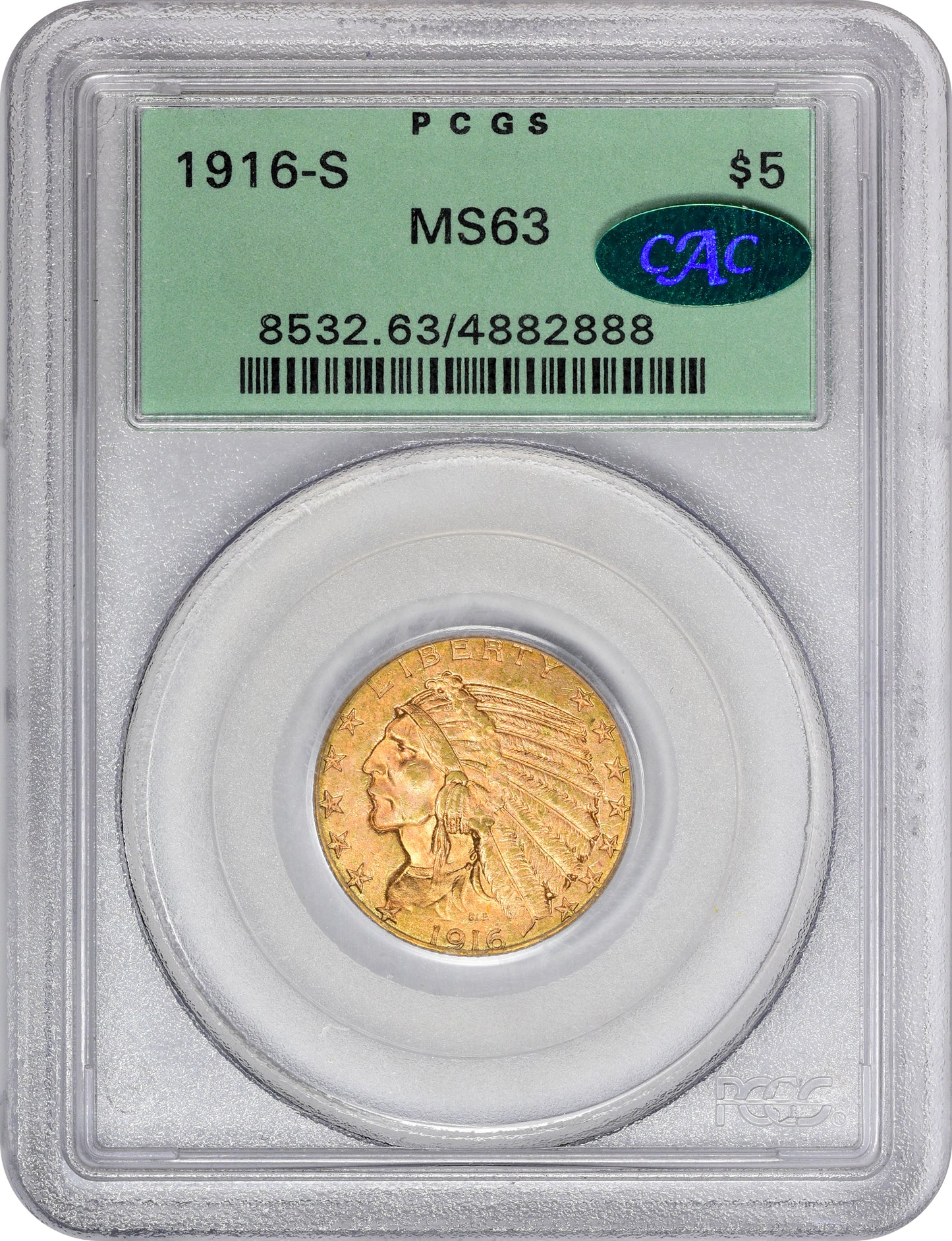 1916-S $5 MS63 OGH PCGS CAC HOLDER WITH CAC STICKER