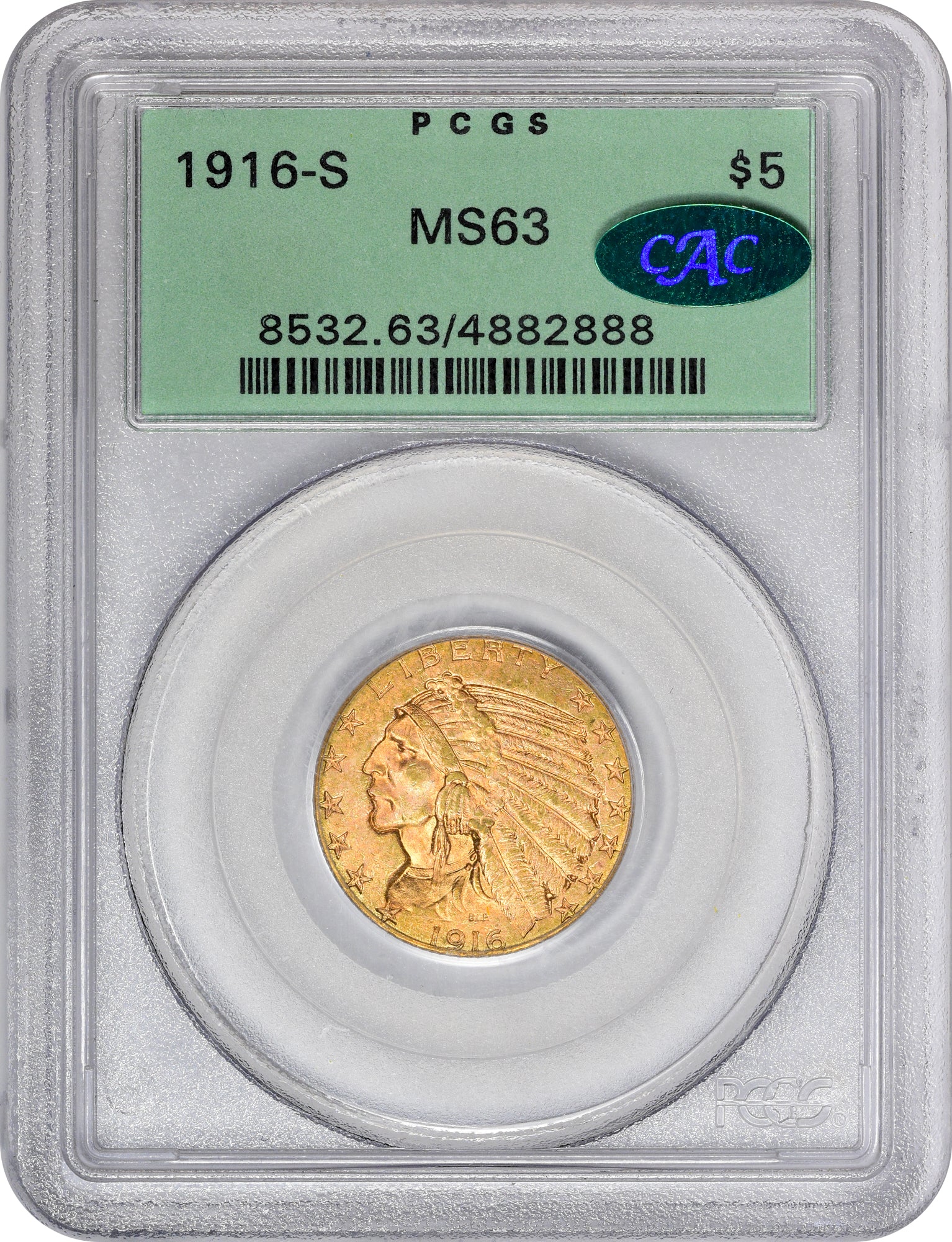 1916-S $5 MS63 OGH PCGS CAC HOLDER WITH CAC STICKER