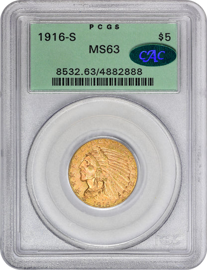 1916-S $5 MS63 OGH PCGS CAC HOLDER WITH CAC STICKER