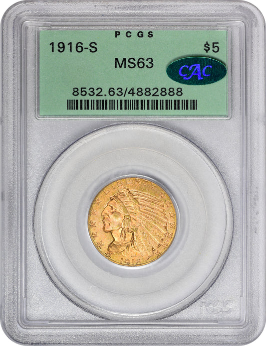 1916-S Indian Half Eagle $5 MS63 OGH PCGS CAC HOLDER WITH CAC STICKER