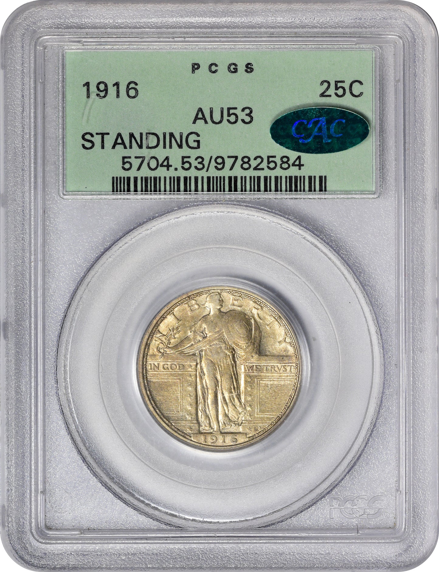 1916 25C STANDING LIBERTY AU53 OGH PCGS CAC HOLDER WITH CAC STICKER