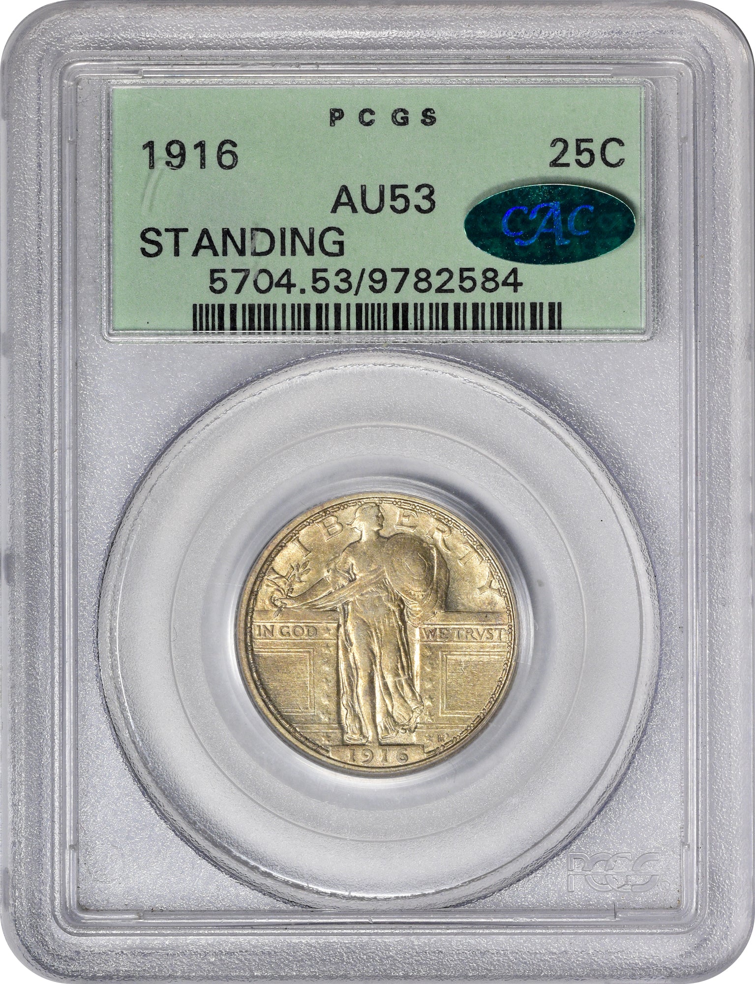 1916 25C STANDING LIBERTY AU53 OGH PCGS CAC HOLDER WITH CAC STICKER