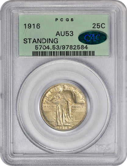 1916 25C STANDING LIBERTY AU53 OGH PCGS CAC HOLDER WITH CAC STICKER