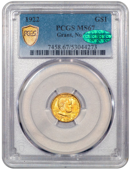 1922 G$1 MEMORIAL GOLD DOLLAR GRANT NO STARS MS67 PCGS CAC HOLDER WITH GREEN CAC STICKER