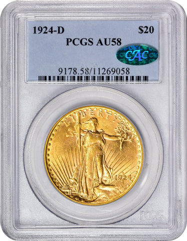 1924-D $20 AU58 PCGS CAC - Paradime Coins | PCGS NGC CACG CAC Rare US Numismatic Coins For Sale