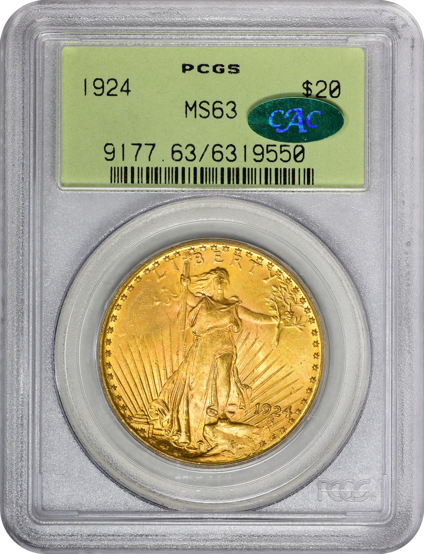 1924 $20 MS63 OGH PCGS CAC HOLDER WITH CAC STICKER