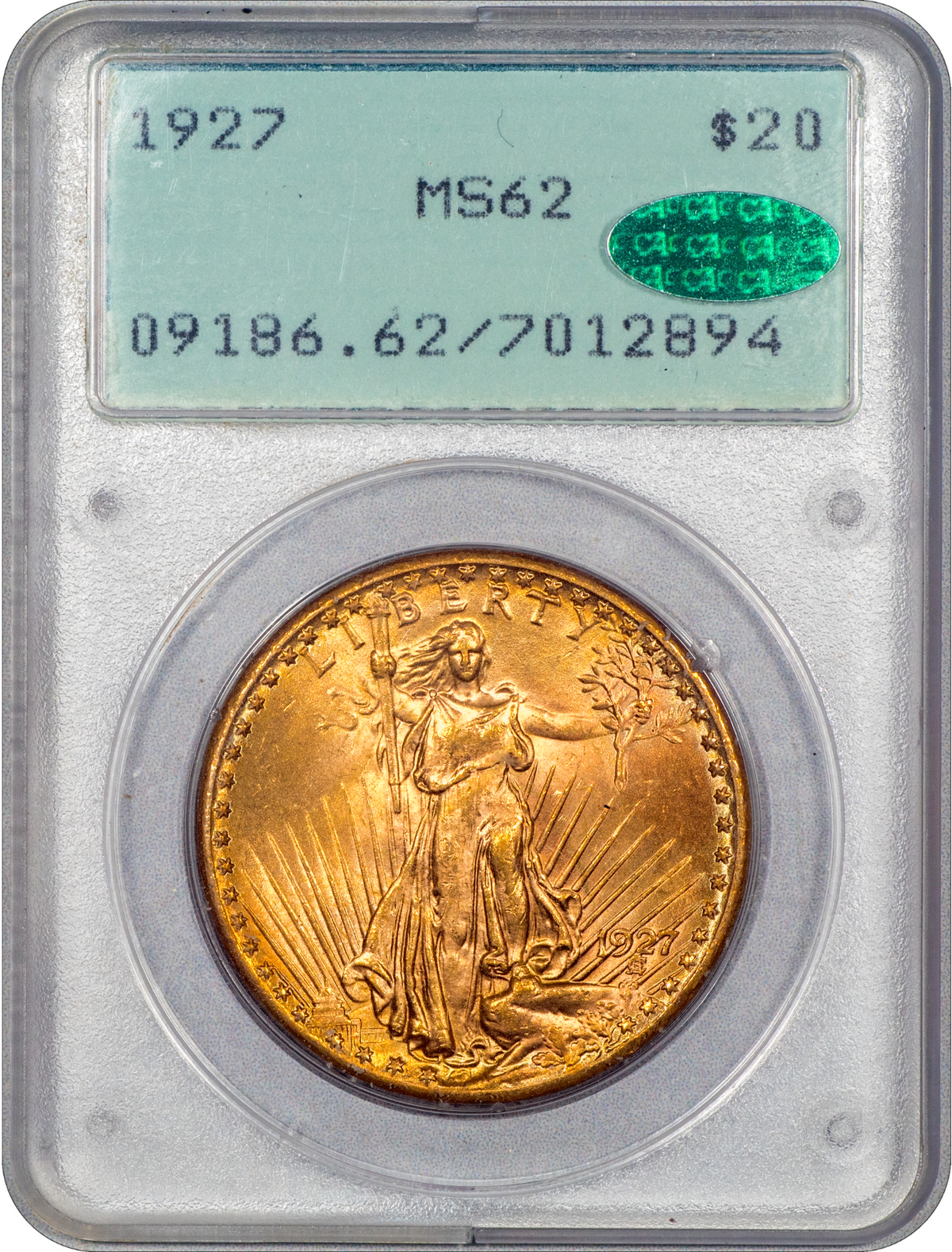 1927 St. Gaudens Double Eagle $20 MS62 OGH RATTLER PCGS CAC HOLDER WITH GREEN CAC STICKER