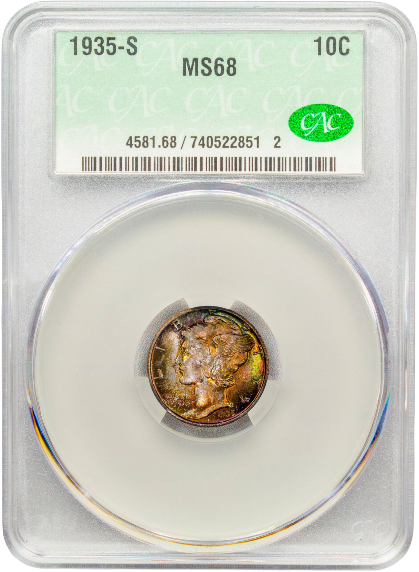 1935-S 10C MS68 CACG HOLDER WITH CAC GREEN STICKER