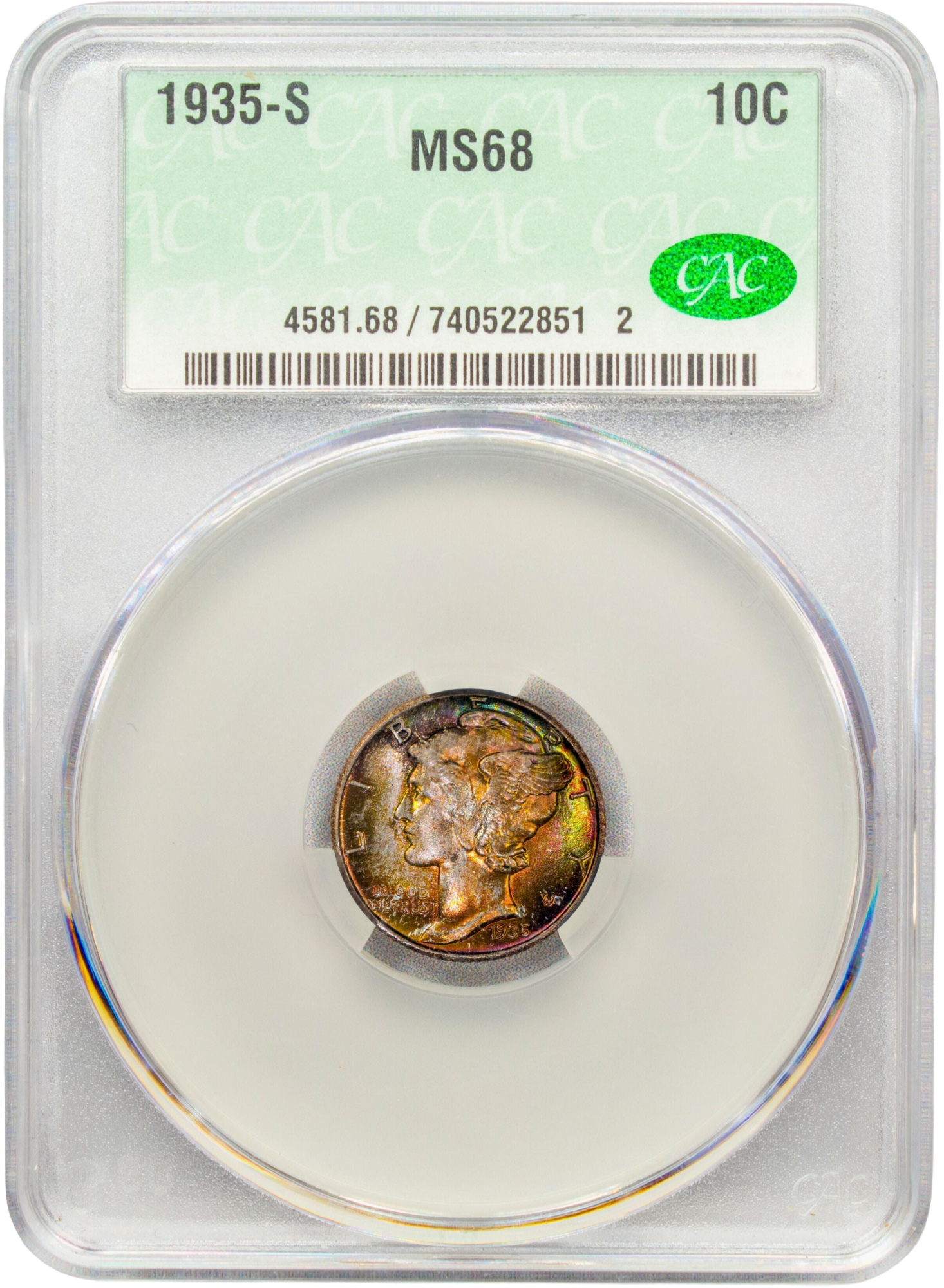 1935-S 10C MS68 CACG HOLDER WITH CAC GREEN STICKER