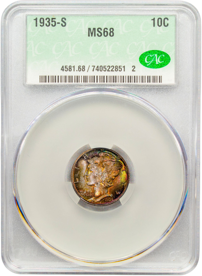 1935-S 10C MS68 CACG HOLDER WITH CAC GREEN STICKER