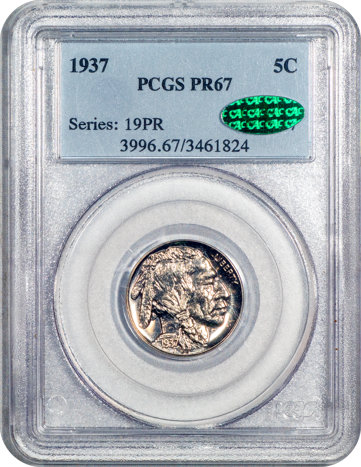 1937 Proof Buffalo Nickel 5C PR67 PCGS CAC HOLDER WITH GREEN CAC STICKER
