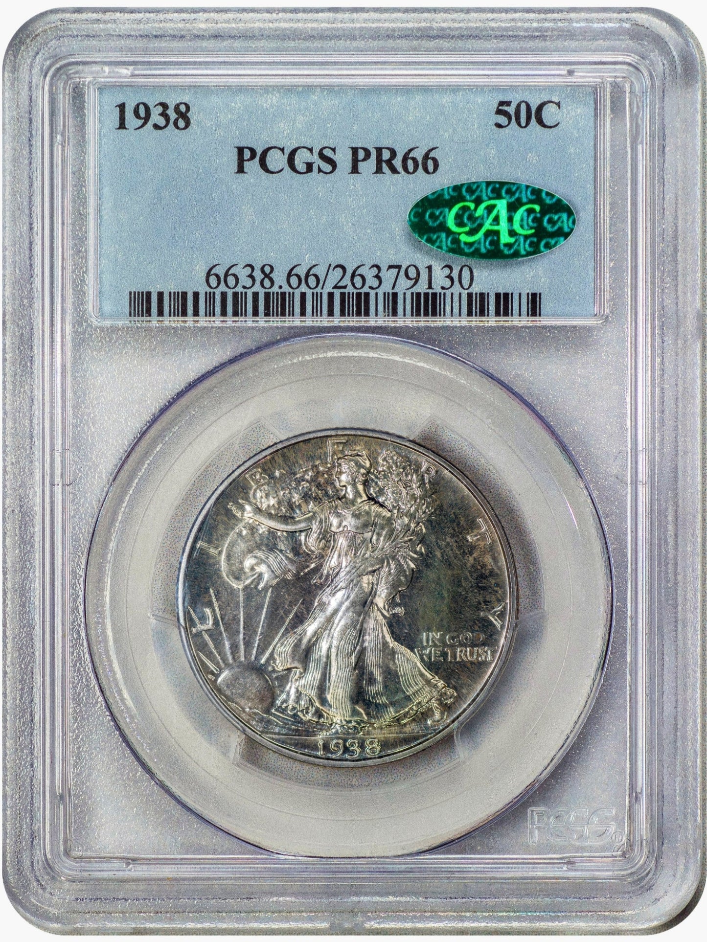 1938 50C WALKING LIBERTY HALF DOLLAR PR66 PCGS CAC HOLDER WITH GREEN CAC STICKER
