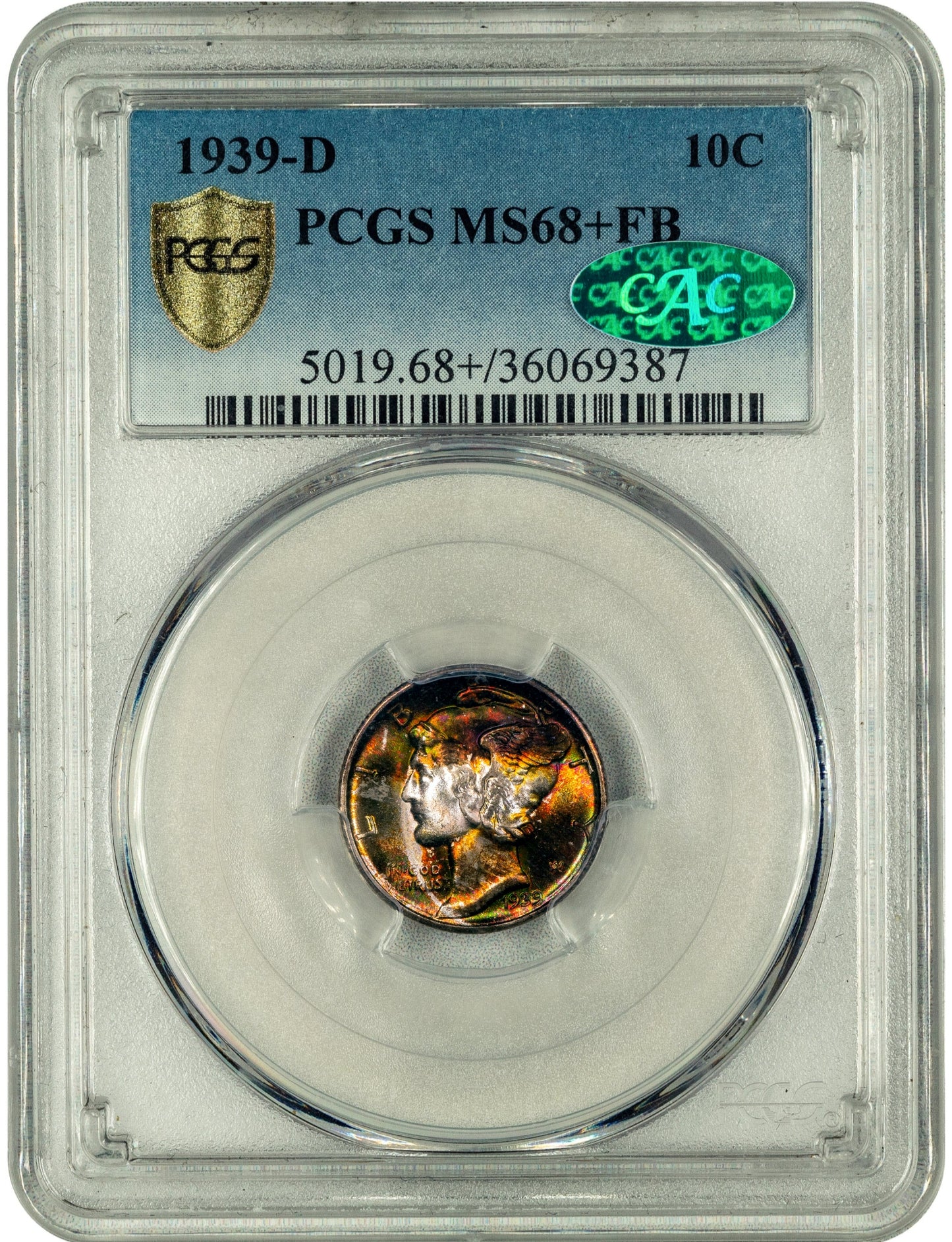 1939-D 10C DENVER MERCURY DIME MS68+ FB PCGS CAC HOLDER WITH GREEN CAC STICKER 