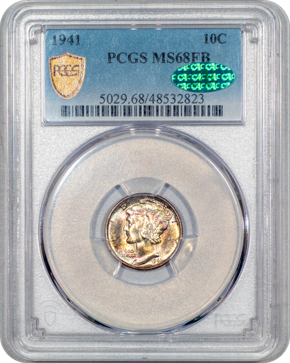 1941 Mercury Dime 10C MS68 FB PCGS CAC Holder With Green CAC Sticker