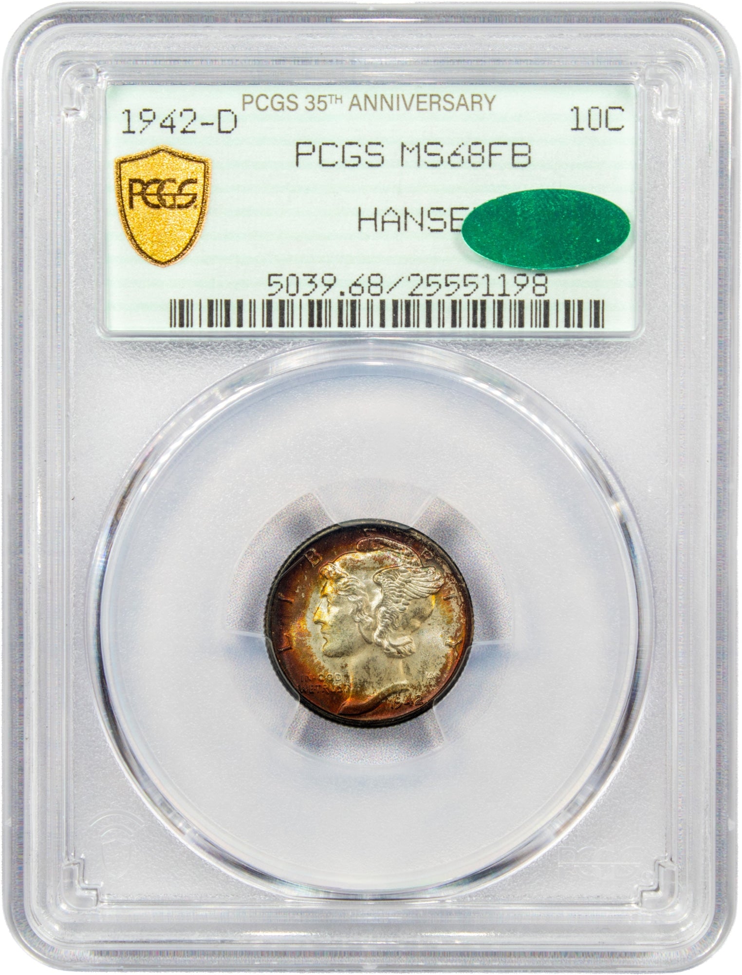 1942-D 10C MS68 FB PCGS CAC PCGS 35TH ANNIVERSARY HOLDER WITH CAC GREEN STICKER 