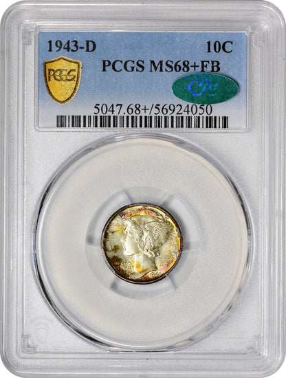 1943 D 10C MS68+ FB PCGS CAC 10C HOLDER WITH CAC GREEN STICKER