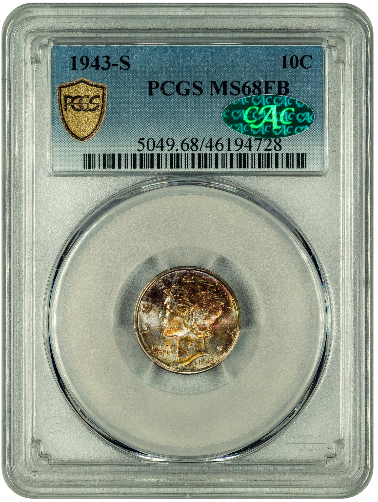 1943-S 10C San Francisco Mercury Dime MS68 FB PCGS CAC HOLDER WITH GREEN CAC STICKER