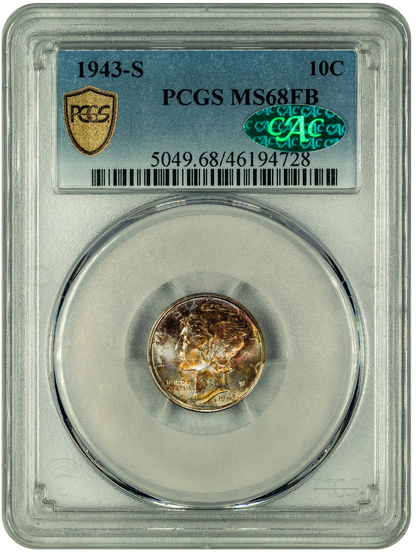 1943-S 10C San Francisco Mercury Dime MS68 FB PCGS CAC HOLDER WITH GREEN CAC STICKER