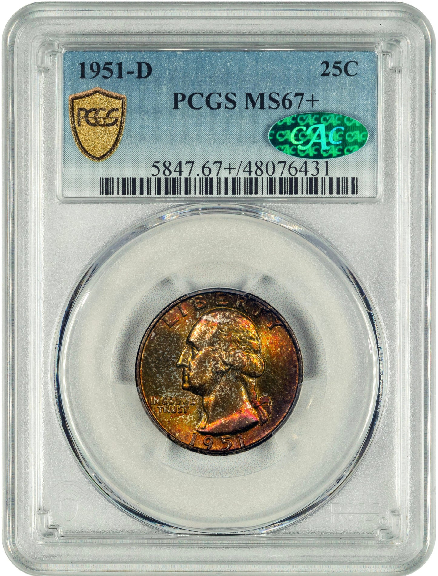 1951-D 25C Denver Washington Quarter  MS67+ PCGS CAC HOLDER WITH GREEN CAC STICKER