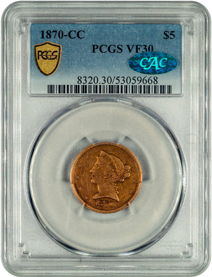 1870-CC $5 VF30 PCGS CAC