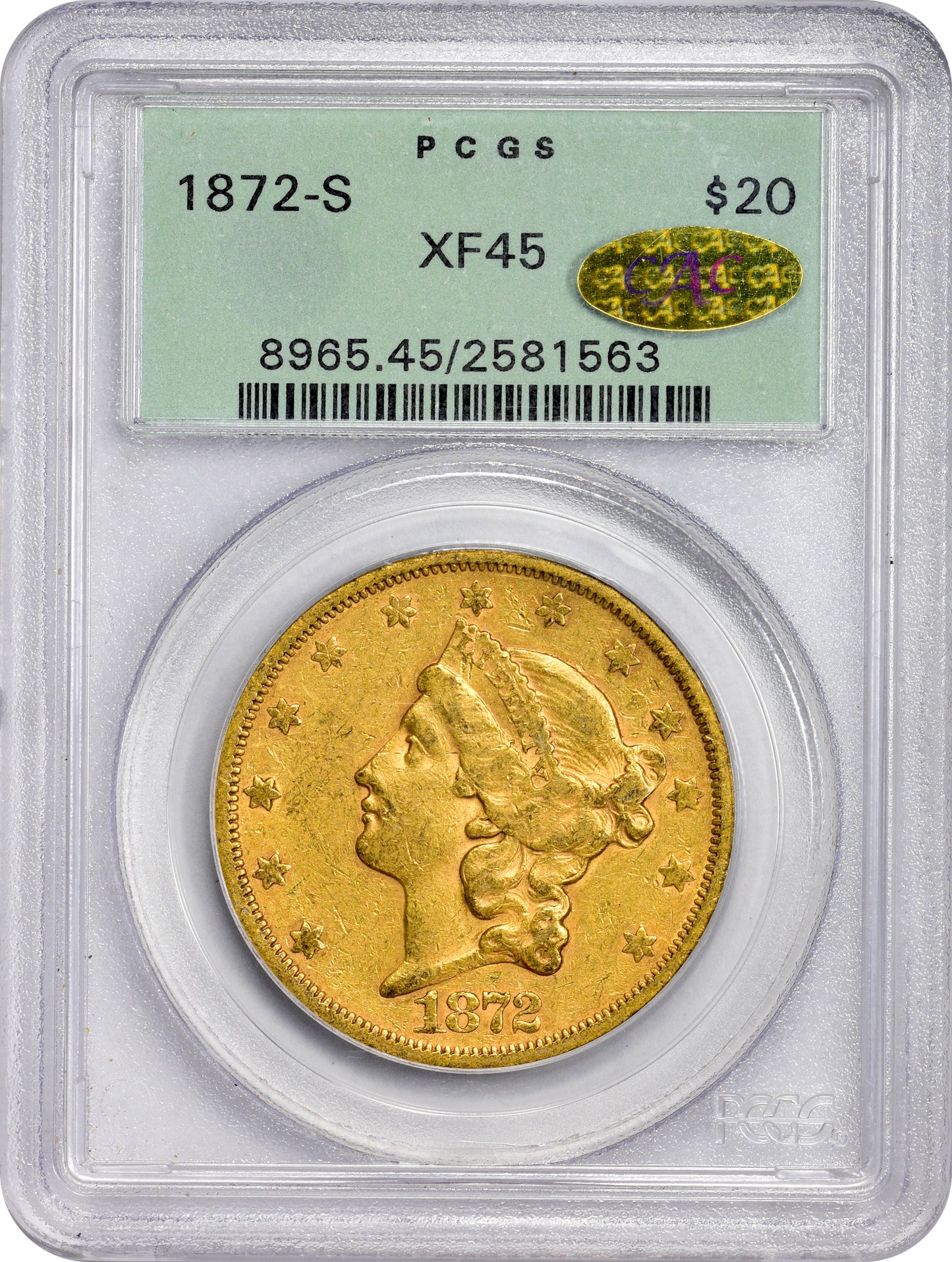 1872-S $20 XF45 OGH PCGS GOLD CAC