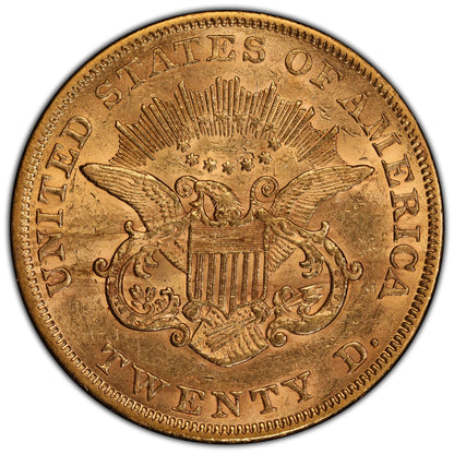 1854 $20 Large Date Au58 Pcgs Cac