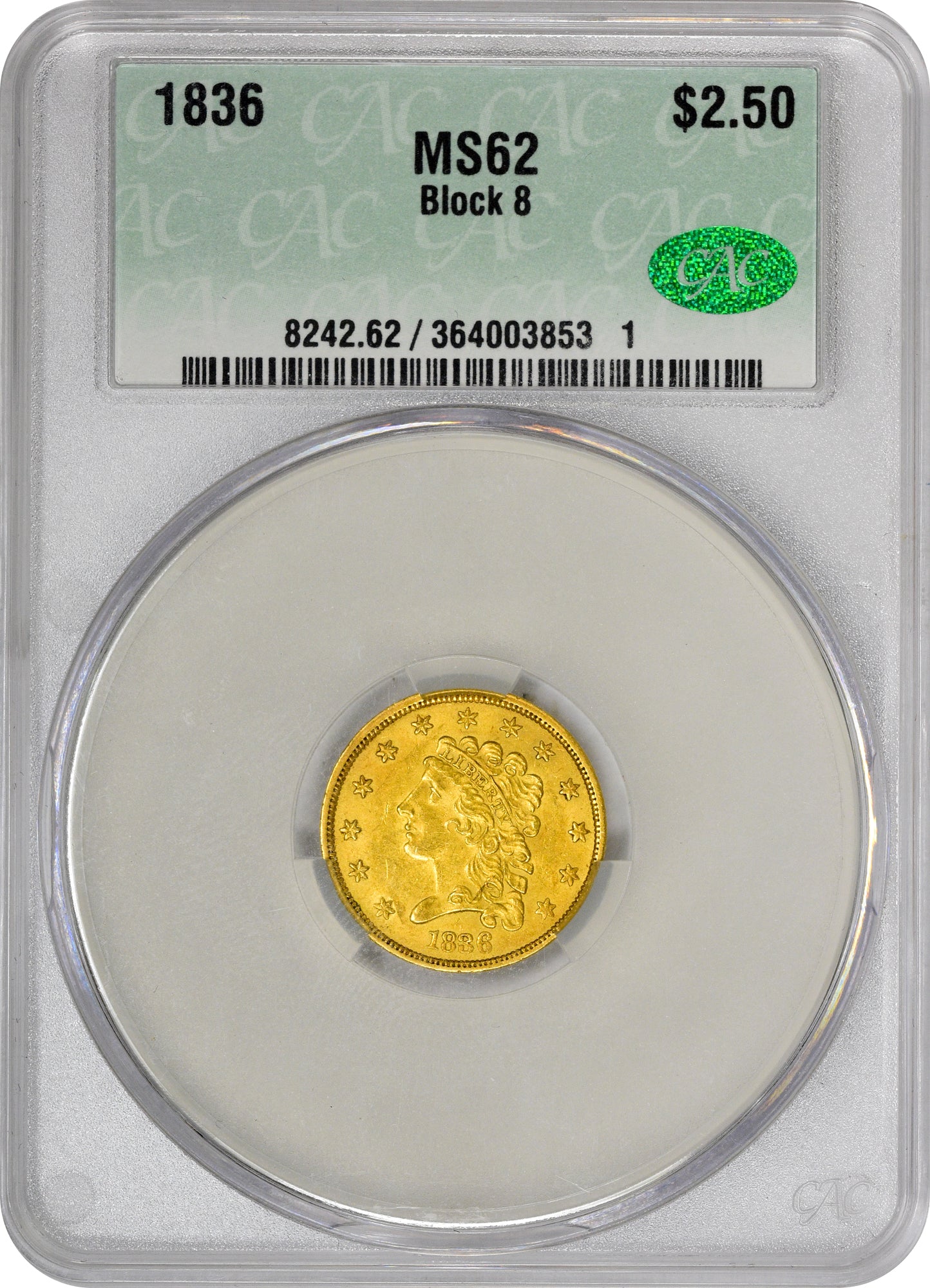 1836 $2.5 Block 8 Ms62 Cacg