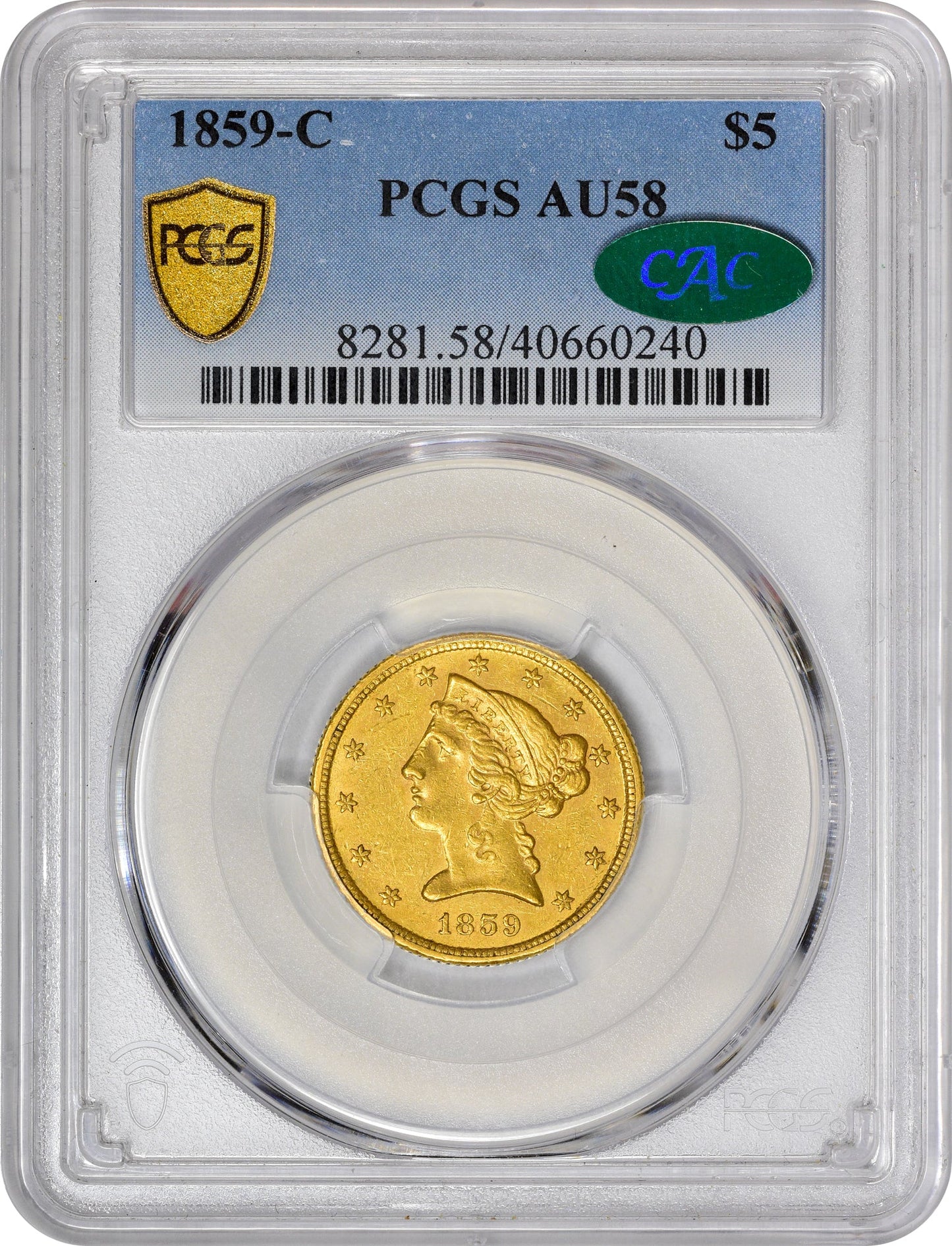 1859-C $5 Au58 Pcgs Cac