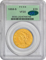1859-S $10 VF20 OGH PCGS CAC