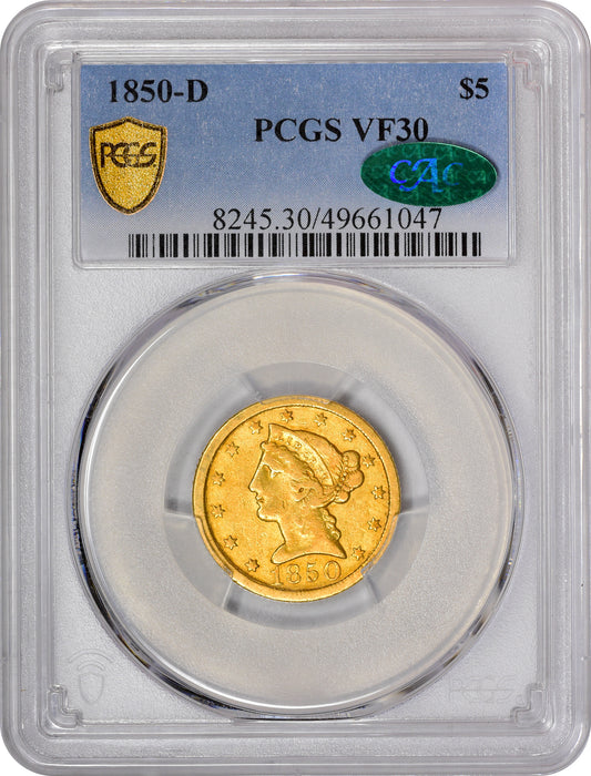 1850-D $5 VF30 PCGS CAC