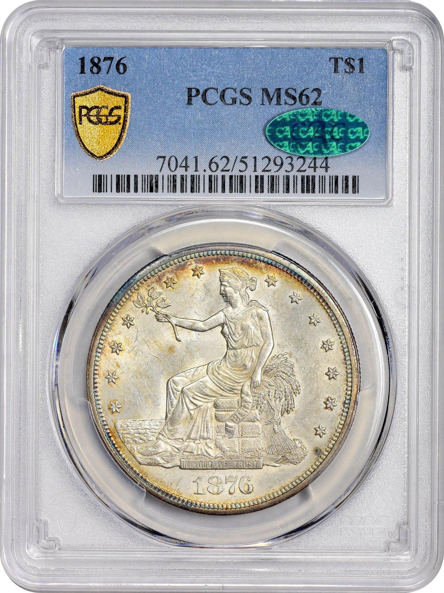 1876 T$1 Ms62 Pcgs Cac $1