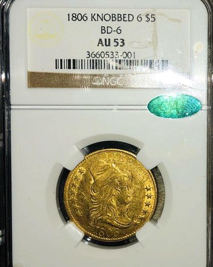 1806 $5 KNOB 6 AU53 NGC CAC