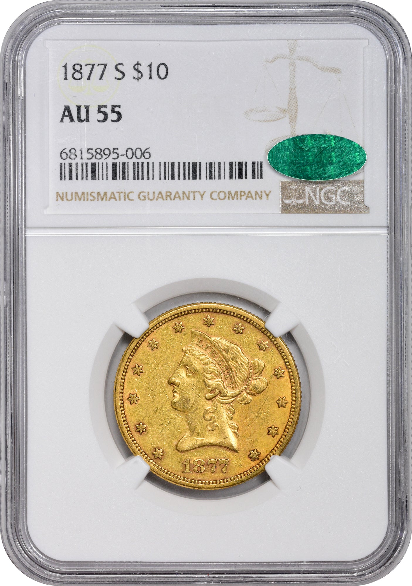 1877-S $10 AU55 NGC CAC