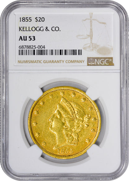 1855 $20 KELLOGG & CO. AU53 NGC