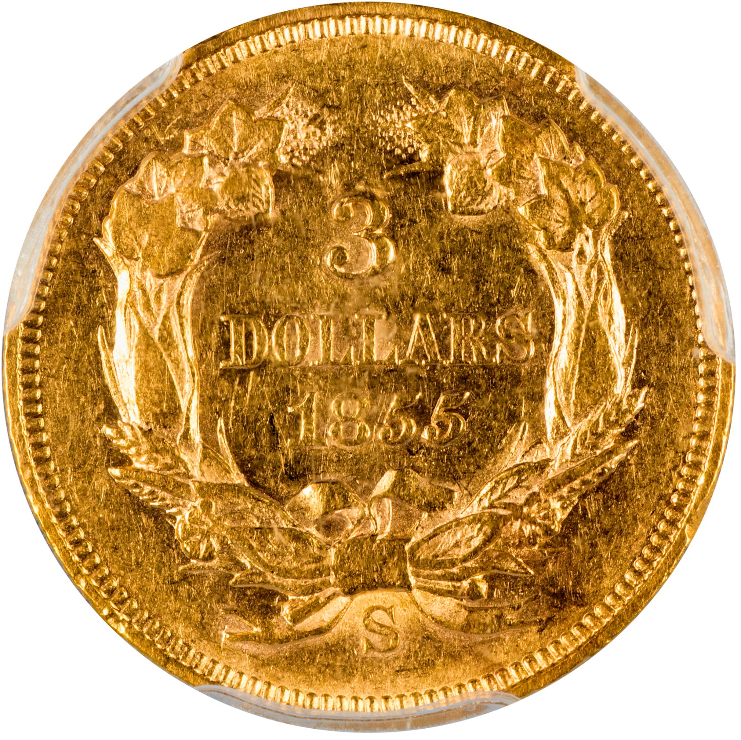 1855-S $3 AU58 PCGS CAC
