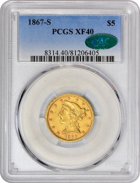 1867-S $5 XF40 PCGS CAC