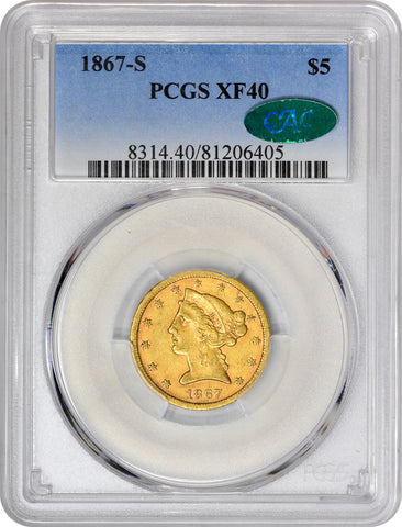 1867-S $5 XF40 PCGS CAC