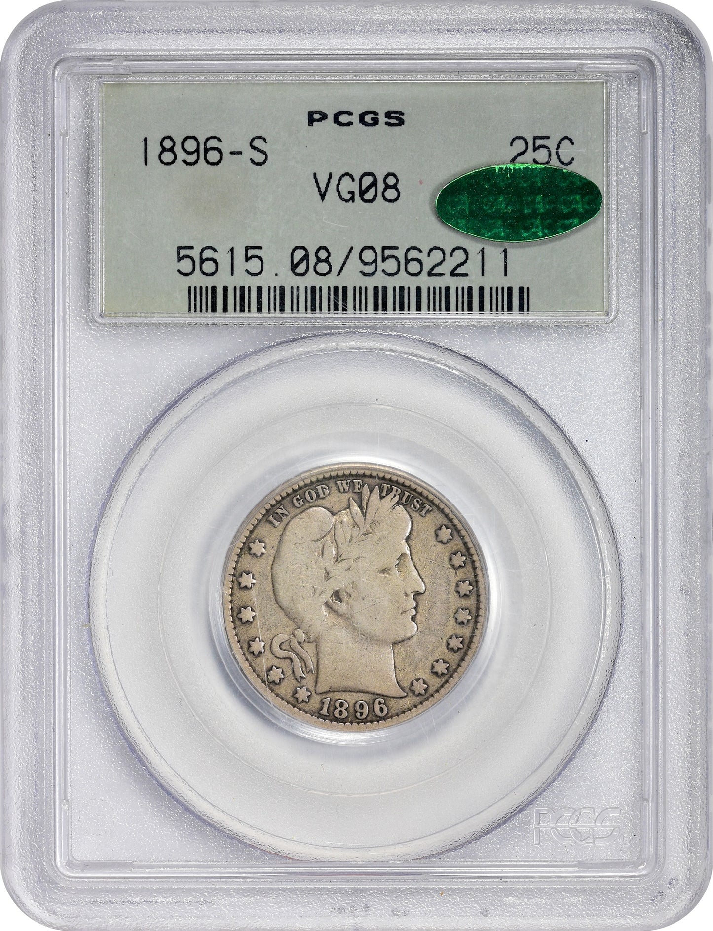 1896-S 25C VG08 OGH PCGS CAC