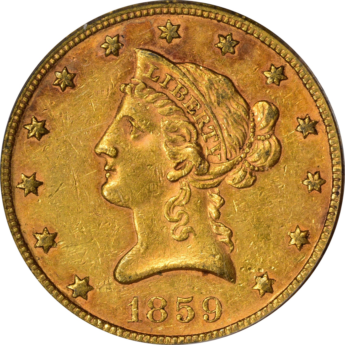 1859 $10 AU50 OGH PCGS CAC