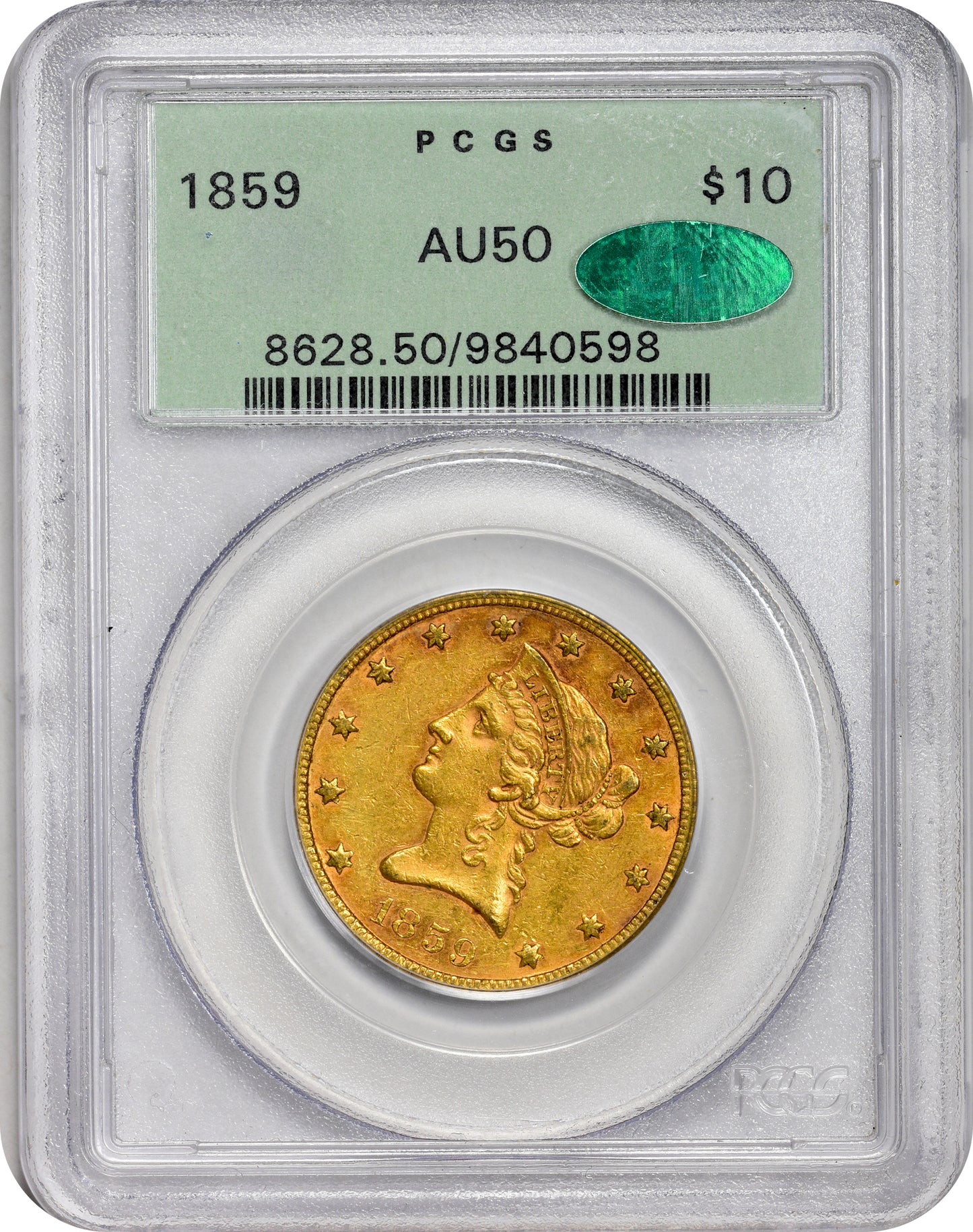 1859 $10 AU50 OGH PCGS CAC