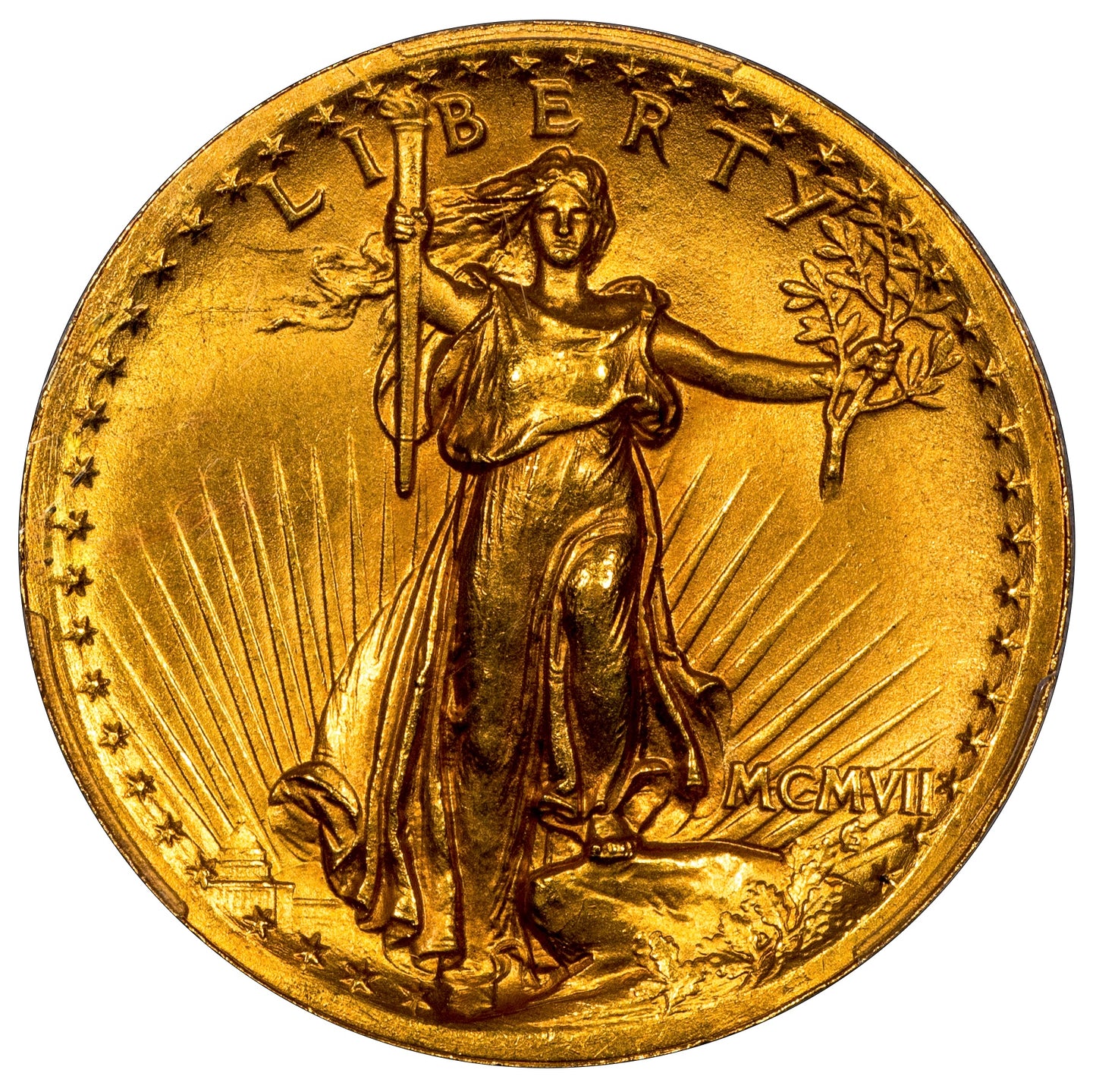 1907 $20 HIGH RELIEF WIRE EDGE MS64+ PCGS