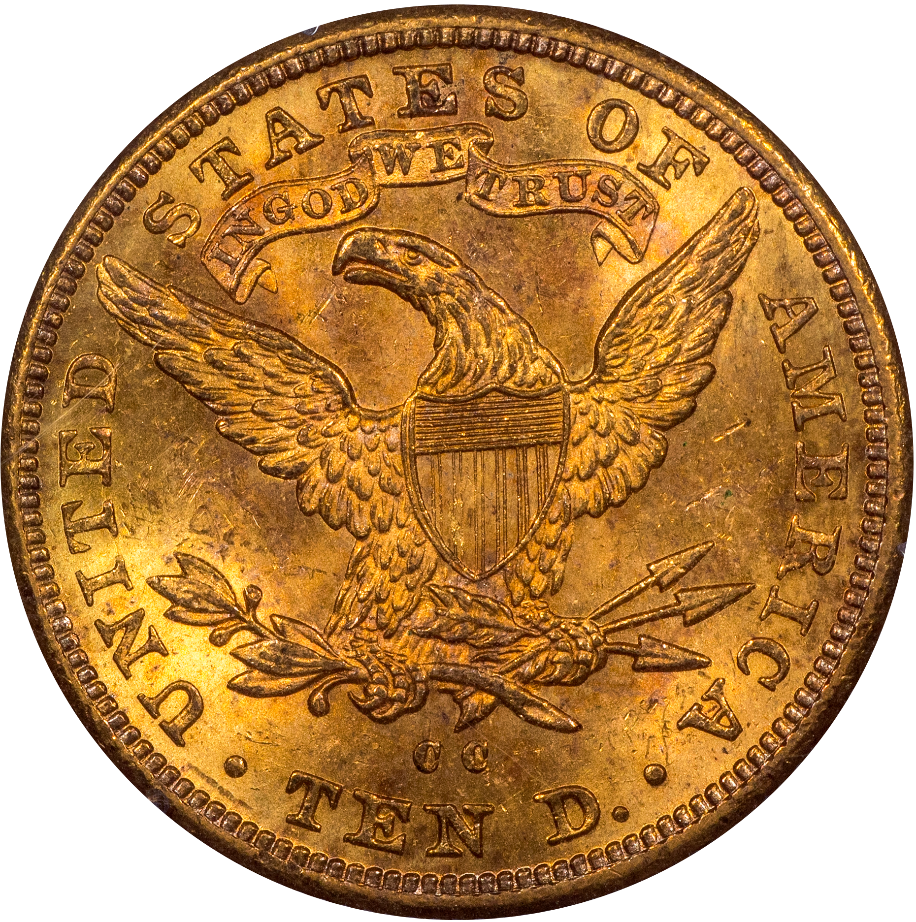 1891-CC $10 LIBERTY HEAD EAGLE MS60 OGH RATTLER PCGS CAC REVERSE